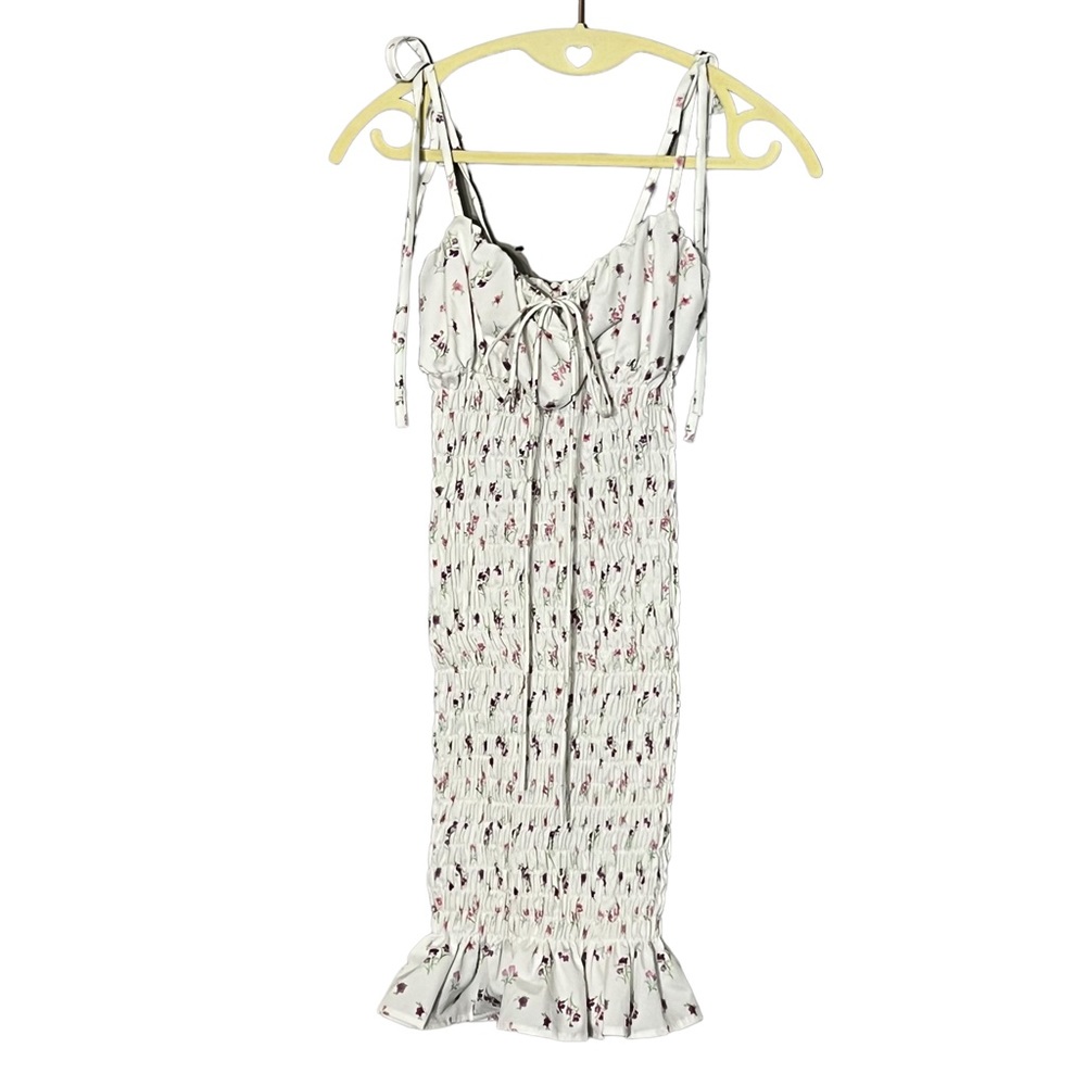 Women’s White Floral Self-tie Strap Shirred Frill Hem Bodycon Summer Minidress